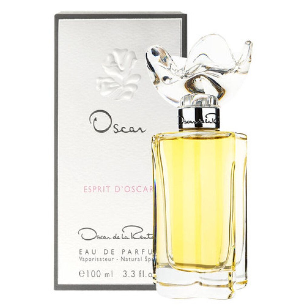 Parfümflakon mit Blumendeckel und Karton. Aufschrift: Oscar, Esprit d'Oscar, Eau de Parfum, 100 ml.