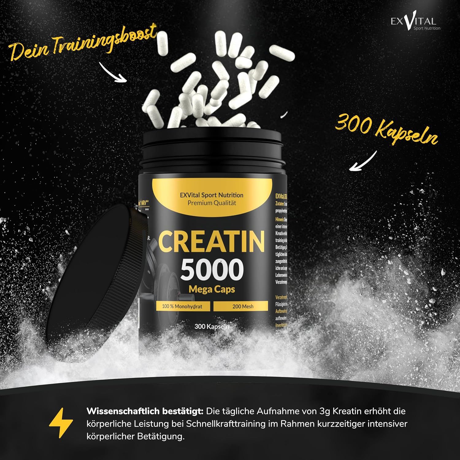 Schwarze Dose mit gelbem Etikett, CREATIN 5000 Mega Caps, 300 Kapseln. Weiße Kapseln fallen in eine Wolke aus weißem Pulver. EXVital Sport Nutrition.