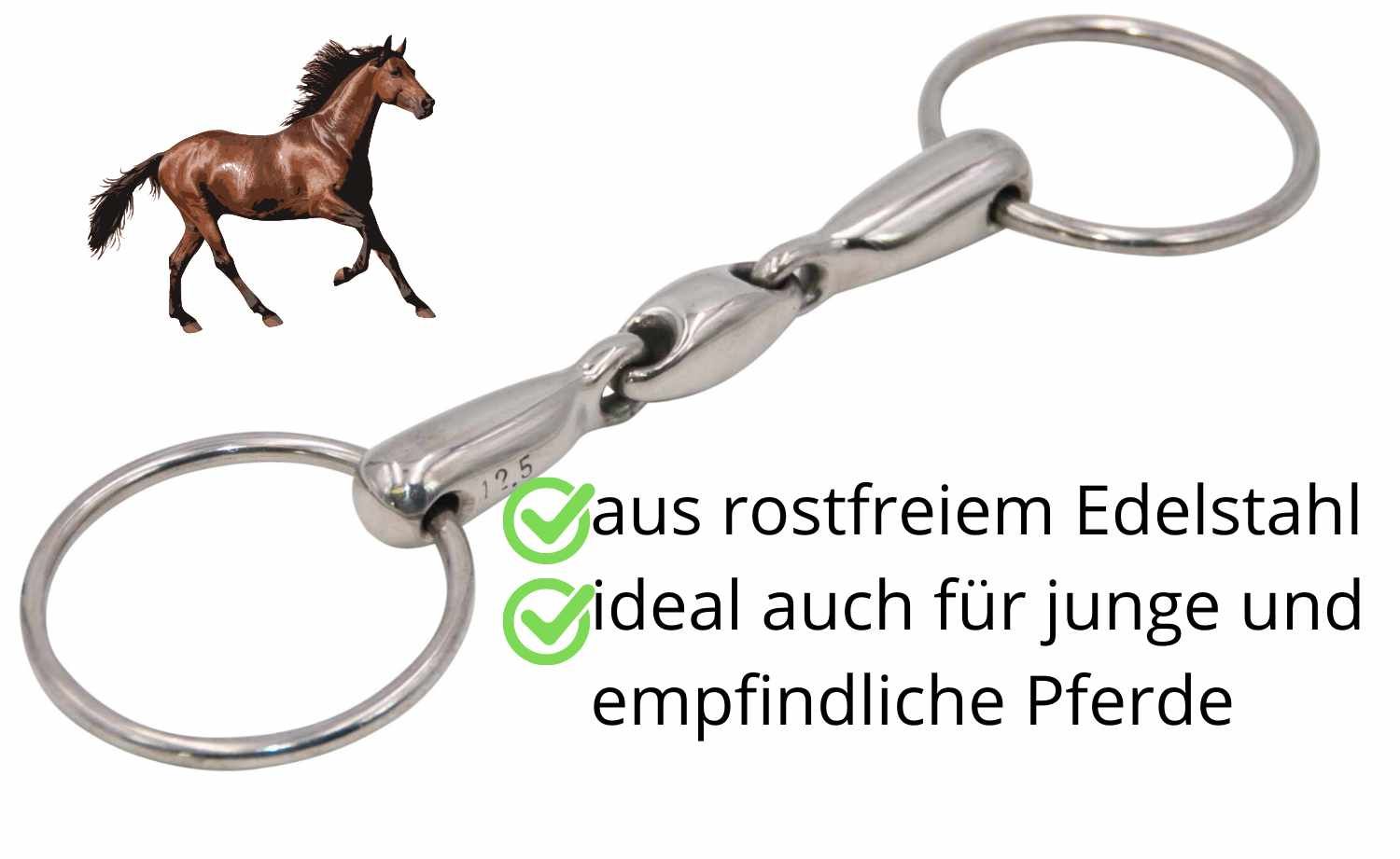 Edelstahl-Wassertrense mit Ringen. Text: aus rostfreiem Edelstahl, ideal für junge und empfindliche Pferde.