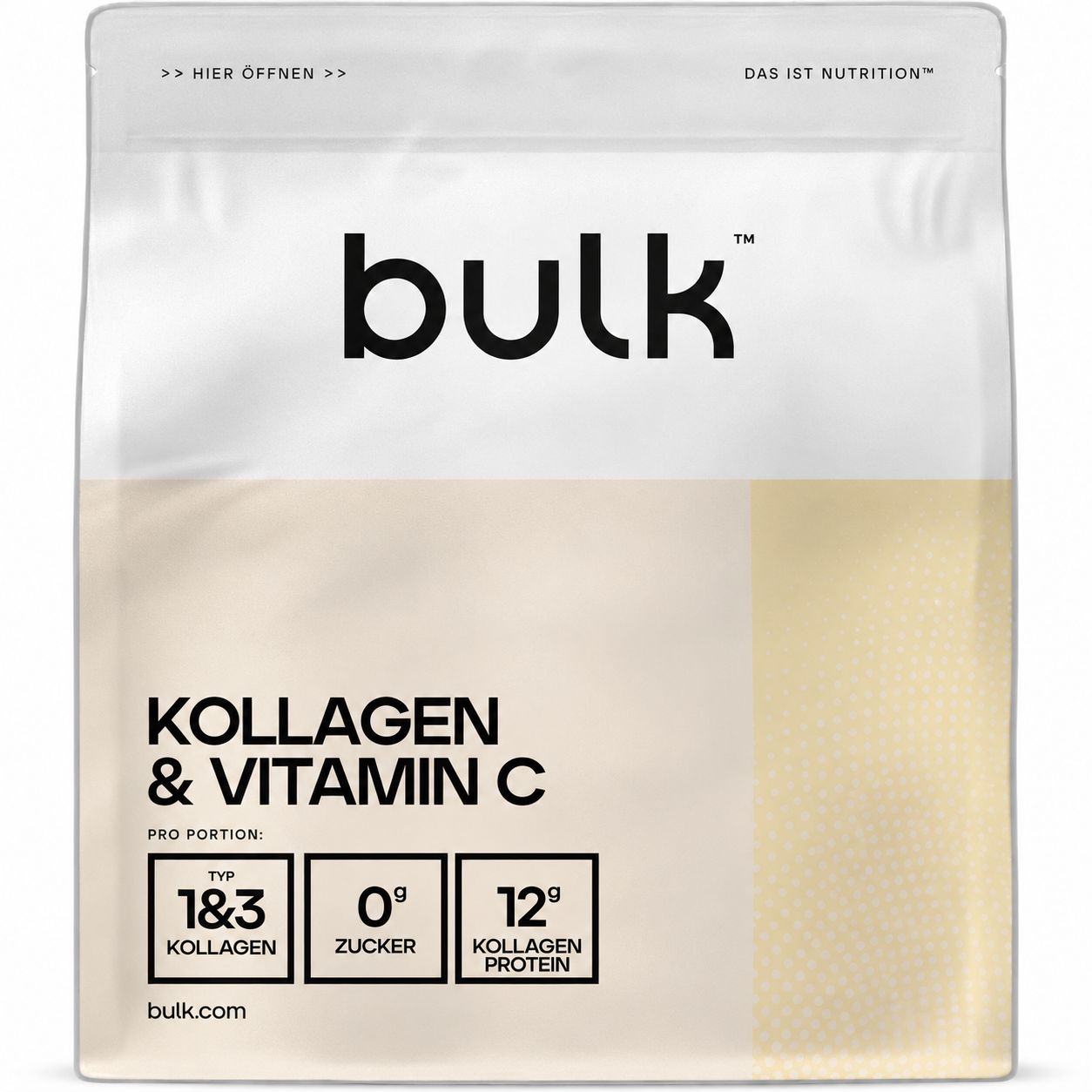 Rückseite einer Verpackung für Kollagen- und Vitamin-C-Pulver.