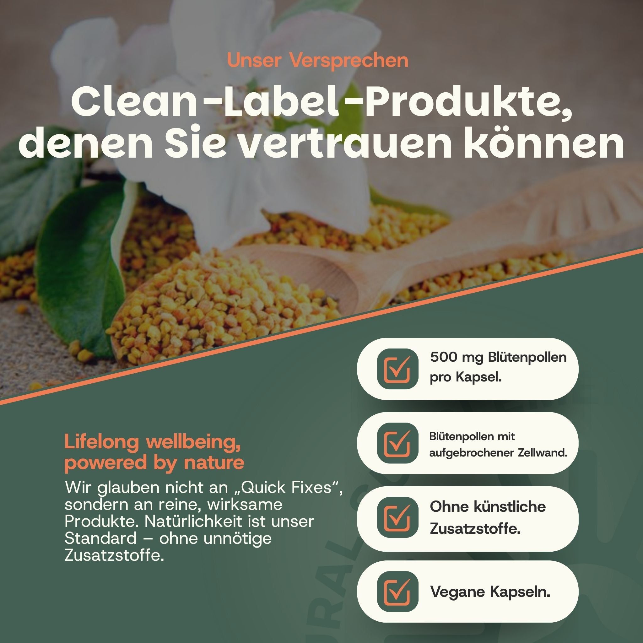 Bienenpollen-Kapseln: 500 mg Bienenpollen pro Kapsel, vegan, ohne Zusatzstoffe.