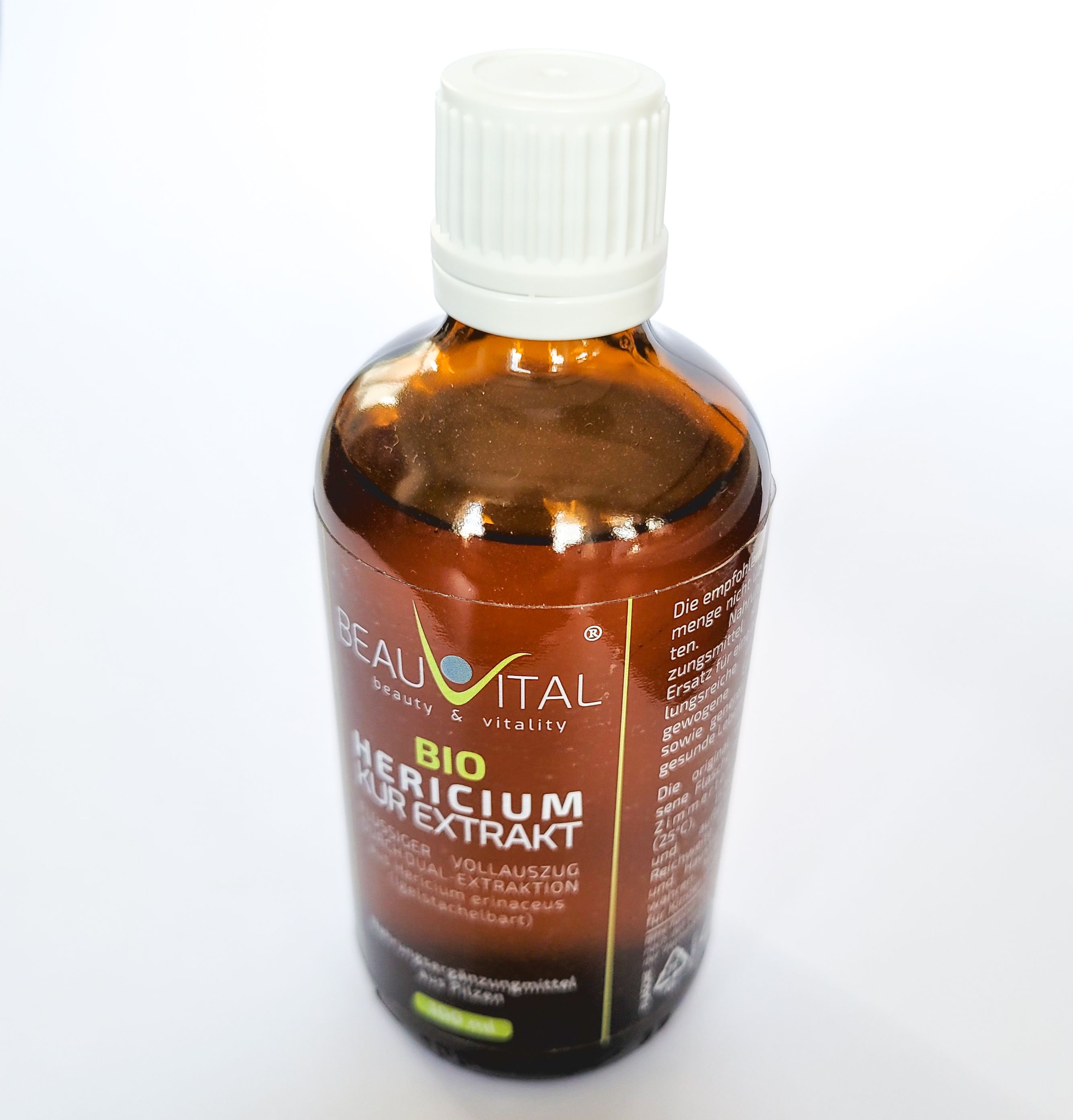 BEAUVITAL® Bio Hericium Kur Extrakt Flasche mit detailliertem Etikett.