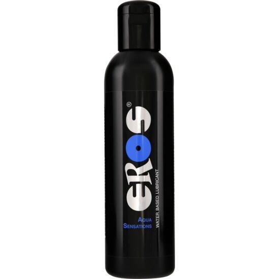 Schwarze Flasche mit Klappverschluss. Aufschrift EROS, Aqua Sensations und Water Based Lubricant.