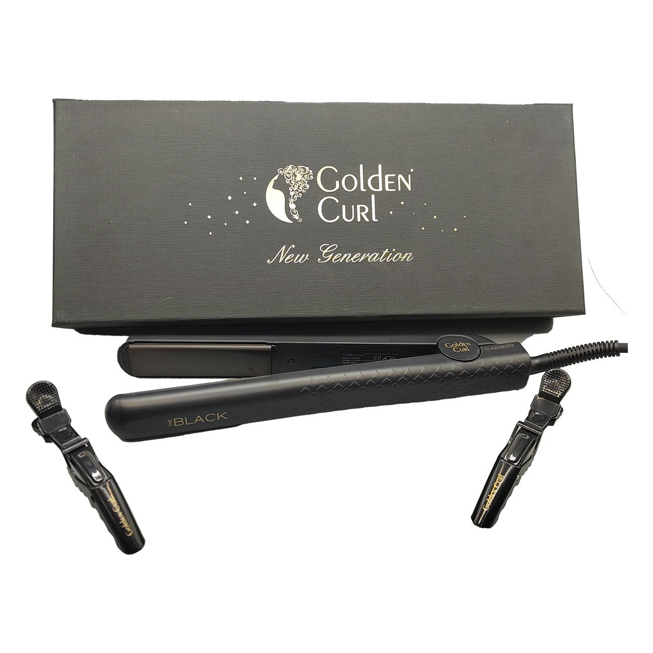 Schwarzes Glätteisen und zwei Haarspangen neben der Schachtel. Logo 'Golden Curl' und 'BLACK' sichtbar.