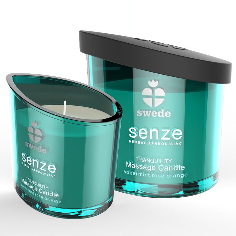 Zwei grüne Kerzen mit schwarzem Deckel. Aufschrift: Swede Senze Herbal Aphrodisiac, Tranquility Massage Candle.