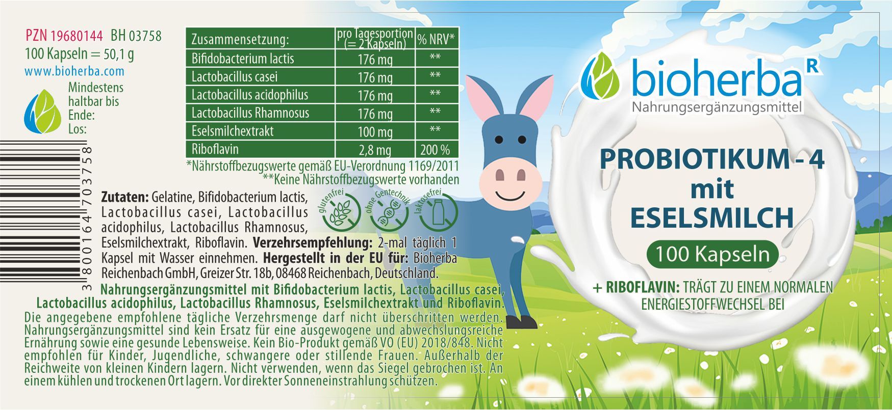 Etikett mit Produktinformationen. Enthält Text, eine Abbildung eines Esels und das Logo von Bioherba. 100 Kapseln.