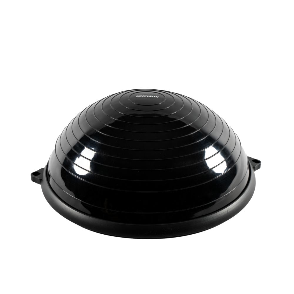 Schwarzer Balance Ball. Halbkugelförmig mit geriffelter Oberfläche. Schwarzer Kunststoff.
