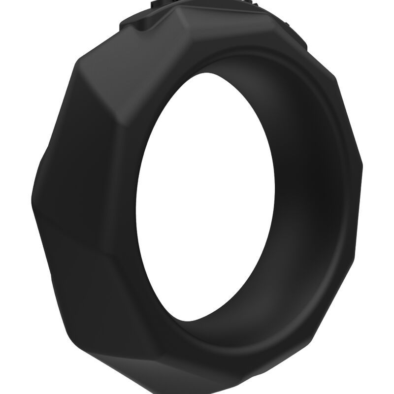 Schwarzer, achteckiger Ring. Oberseite mit erhabenen Elementen. Innen rund, glatt. Wellness-Produkt.
