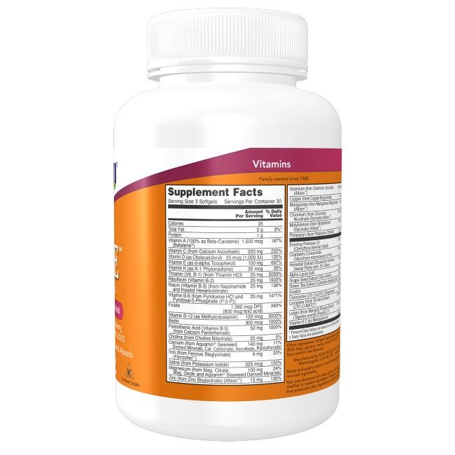 Now Foods Eve, 180 Weichkapseln. Weiße Flasche mit orangefarbenem Etikett. Nährwertangaben und Inhaltsstoffe sind aufgedruckt.