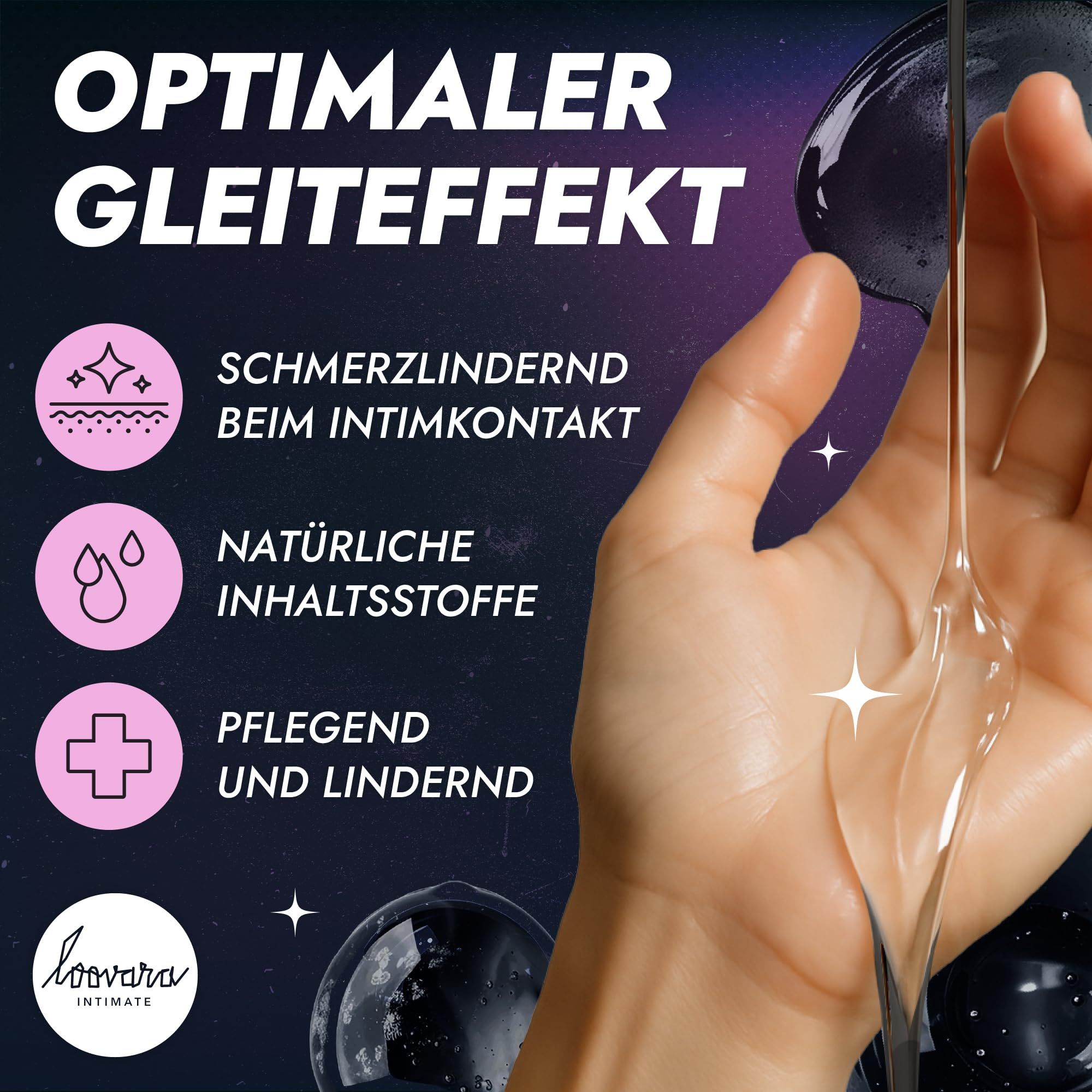 Hand mit Loovara Intimate Gleitgel, pflegend und lindernd, natürliche Inhaltsstoffe.
