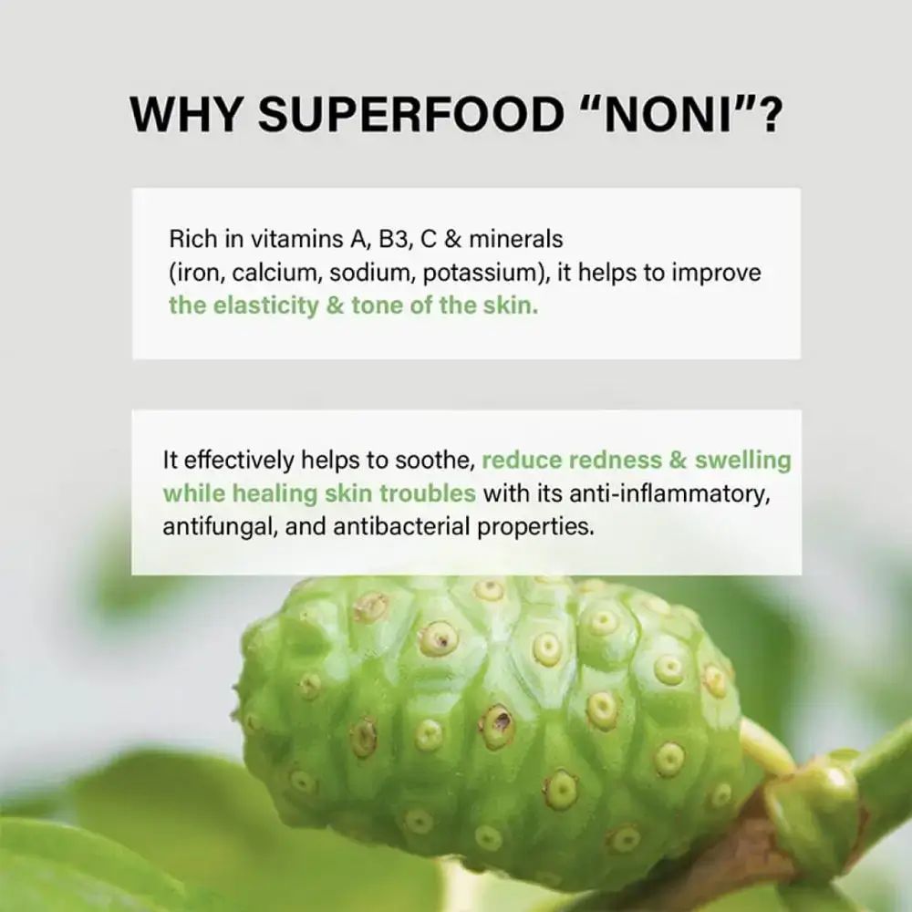 Text mit Überschrift: Warum Superfood „Noni“? Text über Inhaltsstoffe und Vorteile. Bild einer Noni-Frucht.