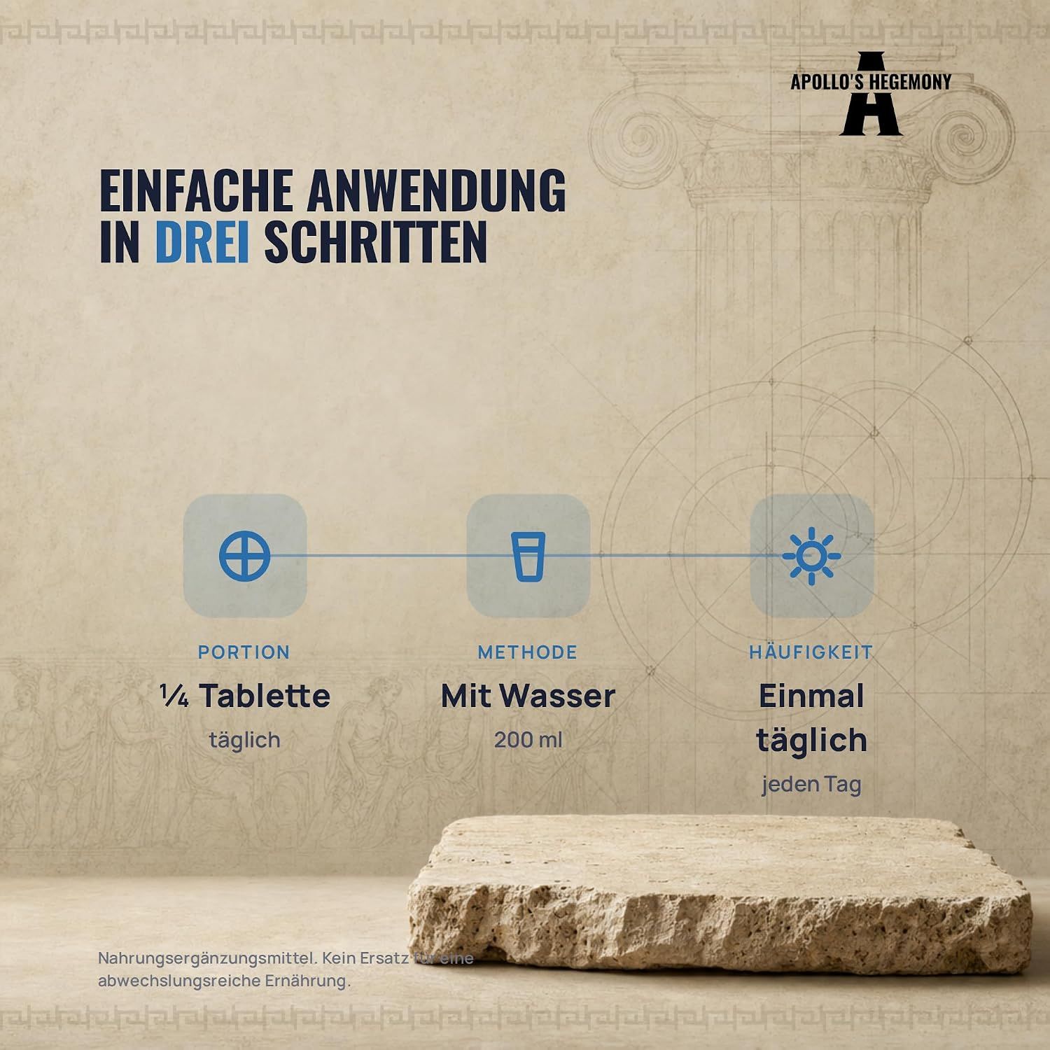 Anwendungshinweise für Nahrungsergänzungsmittel: 1/4 Tablette täglich mit Wasser.