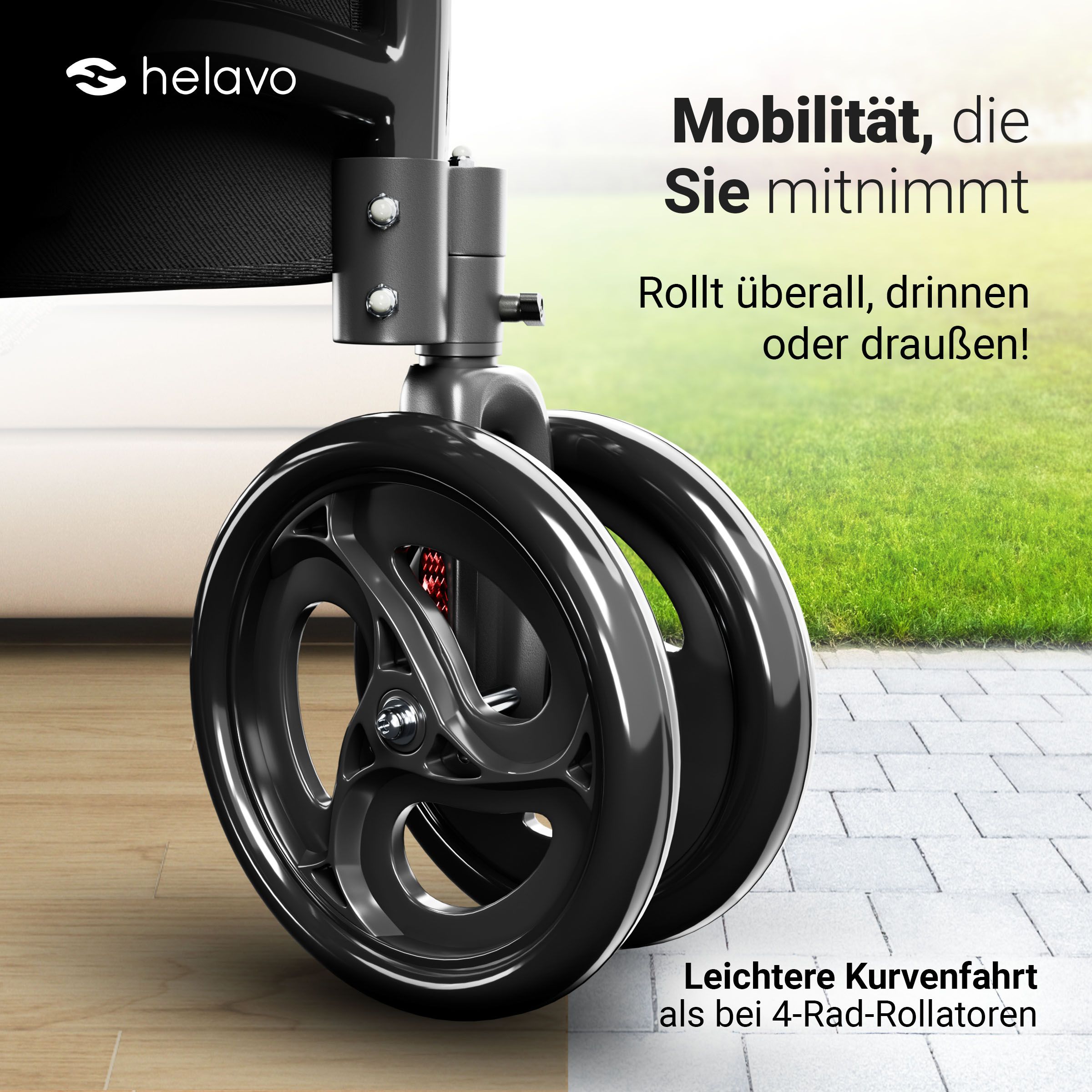 Detailansicht der Räder eines Rollators für leichte Kurvenfahrt.