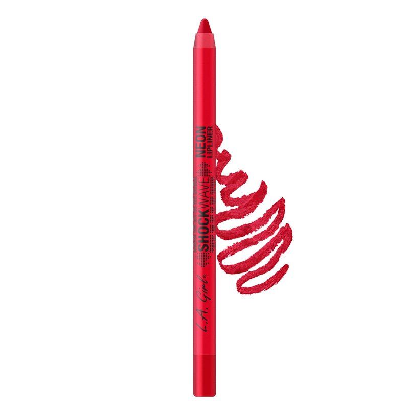 Roter Neon-Konturenstift mit Aufstrich. Beschriftung: L.A. Girl Shockwave Neon Lipliner.