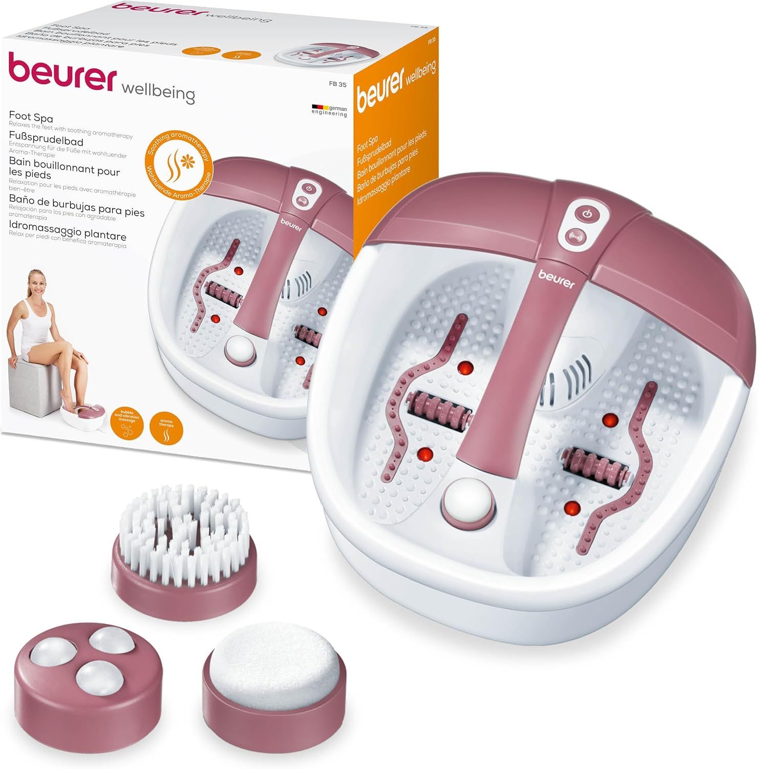 Fußsprudelbad mit Zubehör und Verpackung. Weiß-rosa. Marke Beurer. Zubehör: Bürsten-, Massage- und Schwammaufsatz.