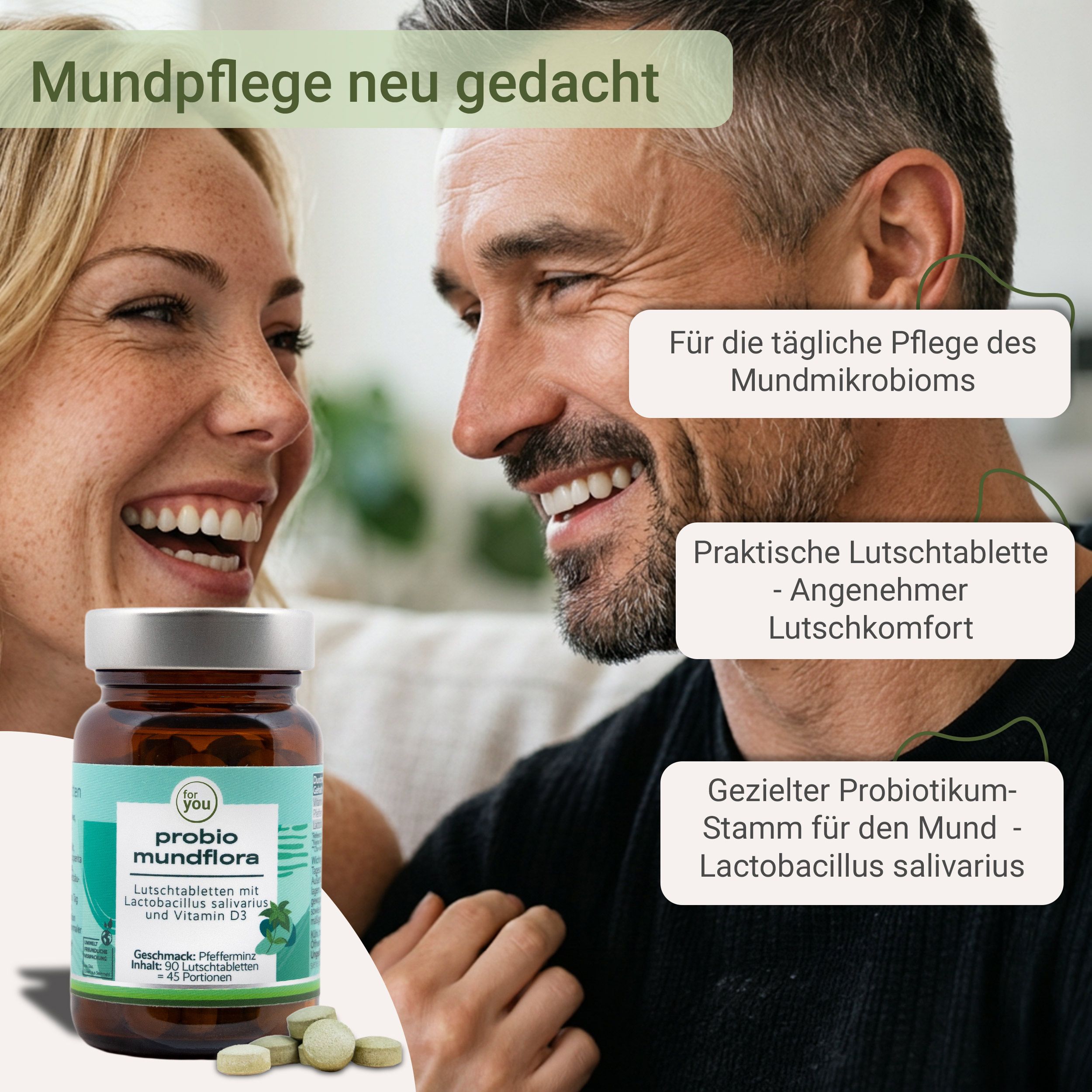 Mann und Frau lächeln, Flasche Probio Mundflora und Textfelder mit Produktvorteilen.
