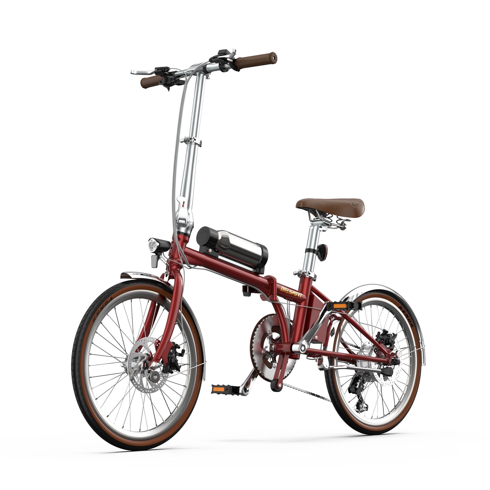 Rotes, faltbares E-Bike. 20-Zoll-Räder, braune Reifen und Sattel. Silberne Schutzbleche. Akku am Rahmen.