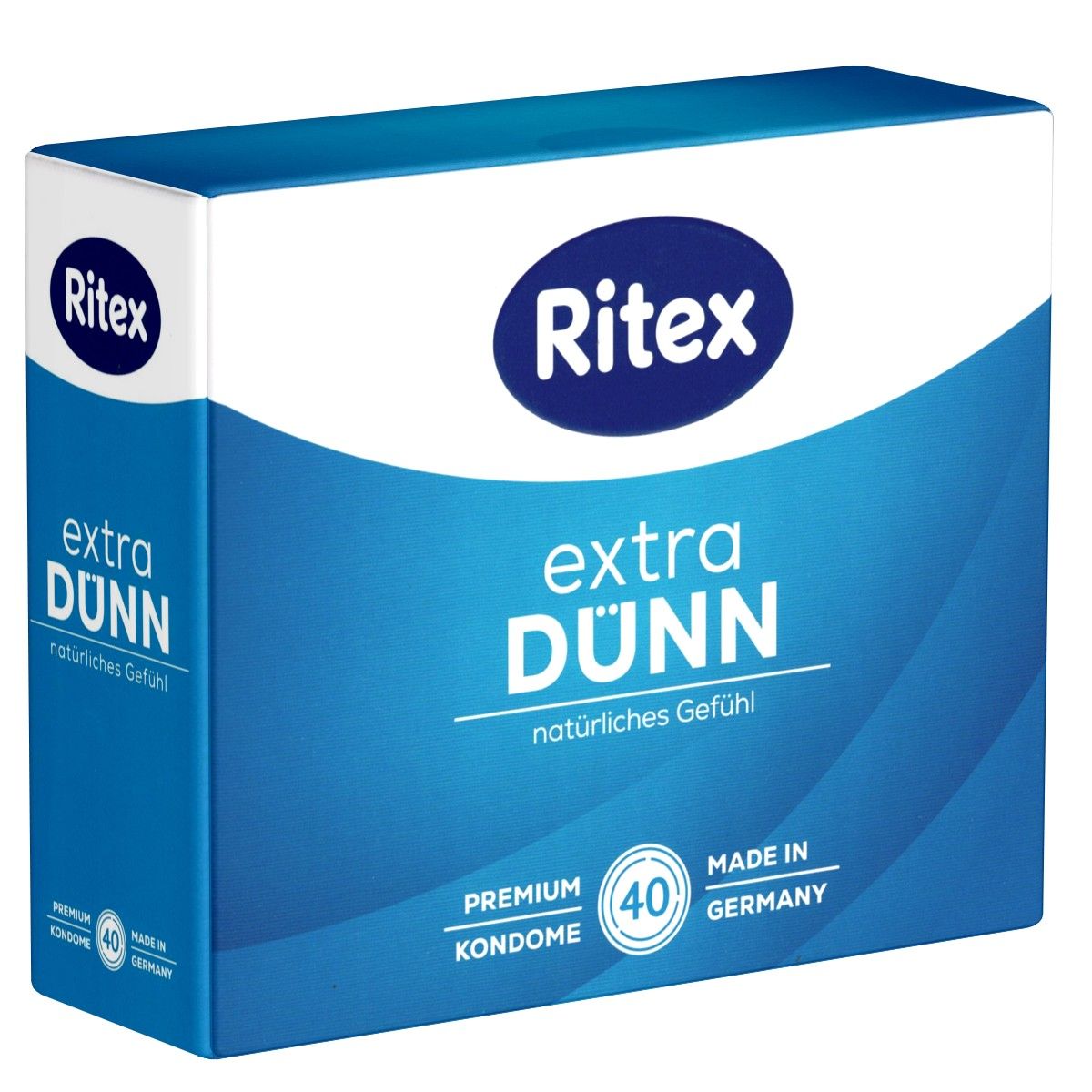Blau-weiße Verpackung mit Ritex-Logo. Text: extra DÜNN, natürliches Gefühl, Premium Kondome, 40 Stück, Made in Germany.