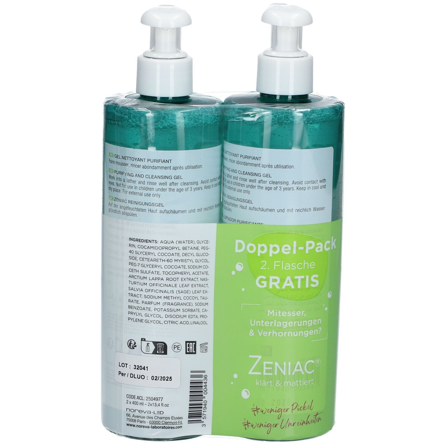 Rückseite des Doppelpacks noreva Zeniac Reinigungsgel. Zwei Flaschen mit Inhaltsangaben und Anwendungshinweisen. Doppel-Pack, 2 Flaschen gratis.