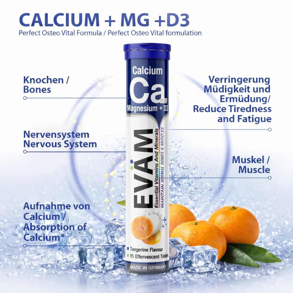 Brausetabletten-Tube mit Calcium, Magnesium und D3. Text: EVÄM, Calcium, Magnesium + D3. Orangen und Eiswürfel.