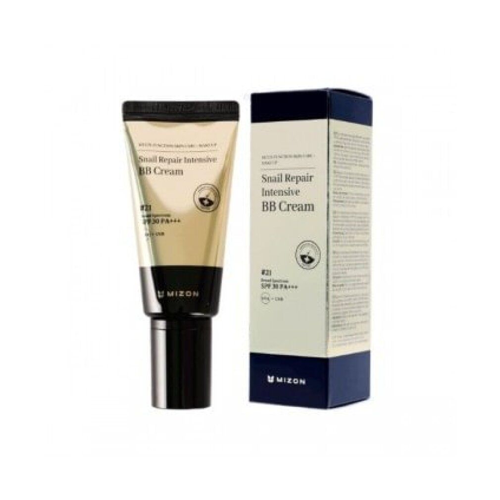 BB Cream Tube mit Verpackung. Gold-Schwarz. Text: Snail Repair Intensive BB Cream, SPF30 PA+++, Mizon.
