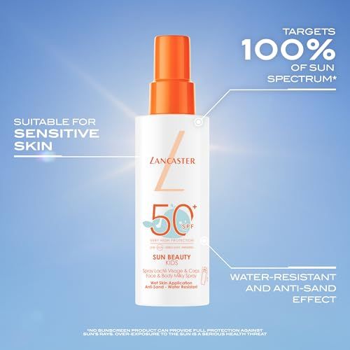 Sonnencreme-Spray. Weiß mit orangefarbenem Sprühkopf. Aufschrift: Lancaster, Sun Beauty Kids, SPF 50. Text: Wasserfest.