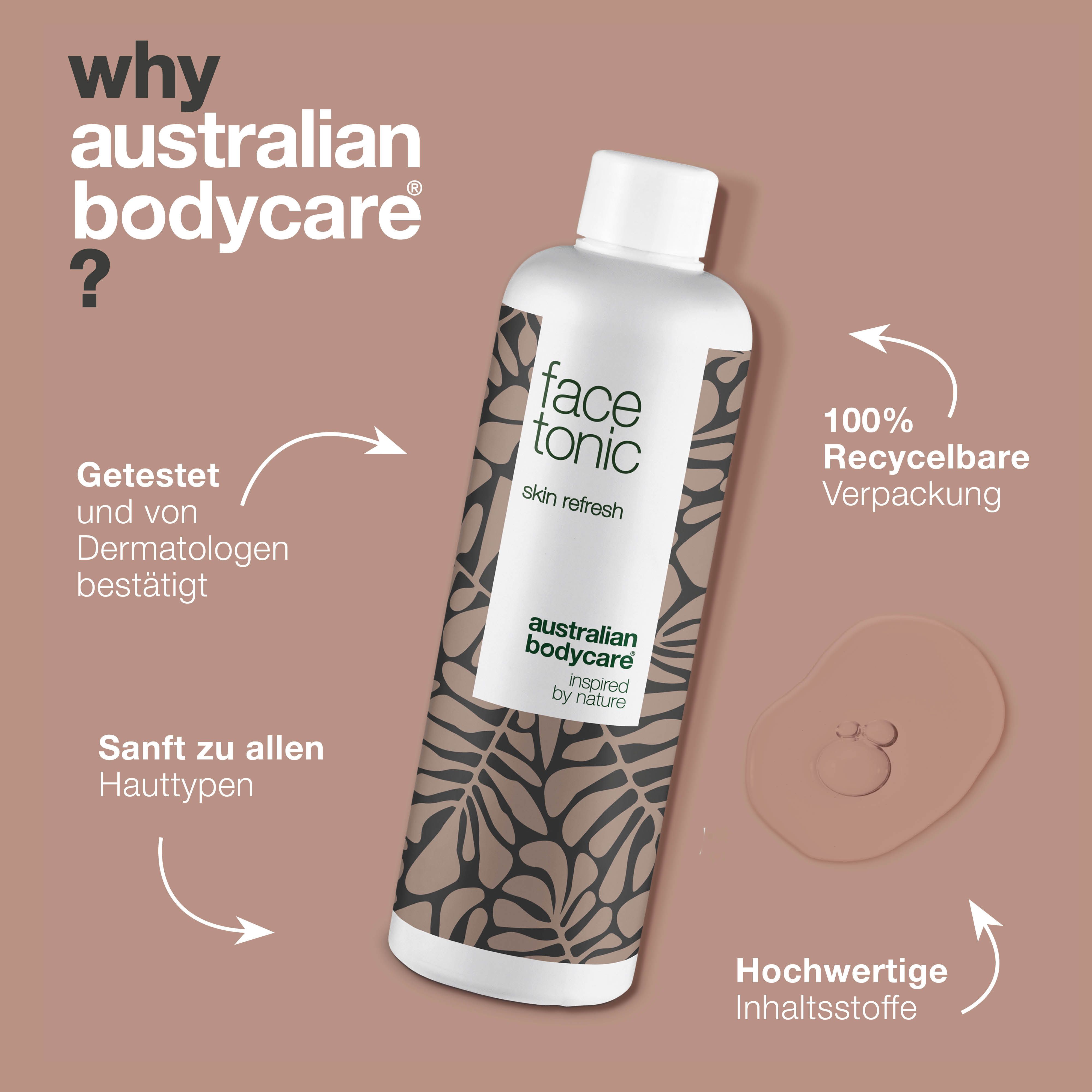 Flasche „face tonic“ von Australian Bodycare. Text: Getestet von Dermatologen. 100% recycelbare Verpackung. Hochwertige Inhaltsstoffe.