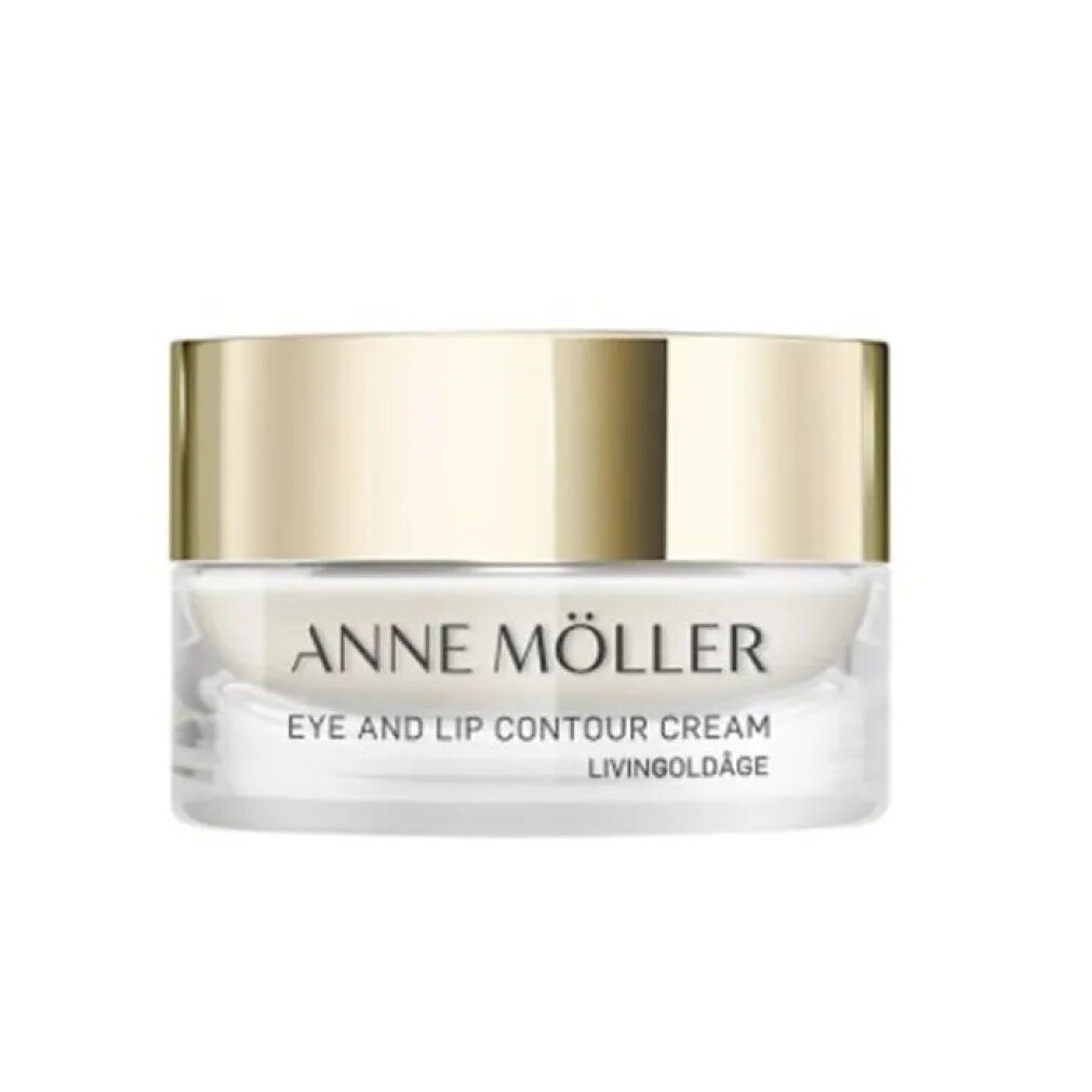 Creme-Tiegel. Aufschrift: Anne Möller, Eye and Lip Contour Cream. Goldener Deckel, weiße Creme.