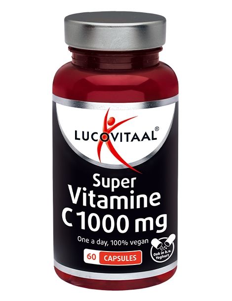 Rote Dose mit silbernem Deckel, Lucovitaal Super Vitamine C 1000 mg, 60 Kapseln.