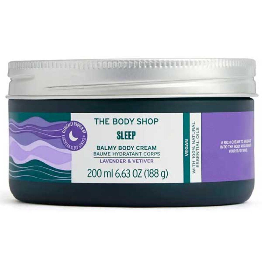 Dunkelblauer Tiegel mit silbernem Deckel. Aufschrift: Sleep, Balmy Body Cream, Lavender & Vetiver. 200 ml. Vegan.