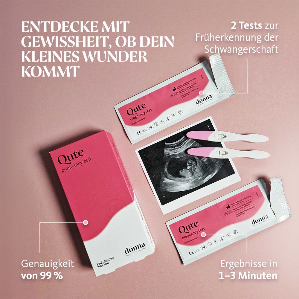 Rosa Verpackung und Teststäbchen. Aufdruck: Qute pregnancy test. Zwei Tests. Ultraschallbild. Marke: donna. Text: Ergebnisse in 1-3 Minuten.