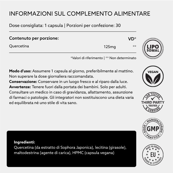 Informationen zu Nahrungsergänzungsmitteln auf Italienisch. Enthält: Quercetin 125mg, vegan, Labor getestet, GMP. Dose mit 30 Kapseln.