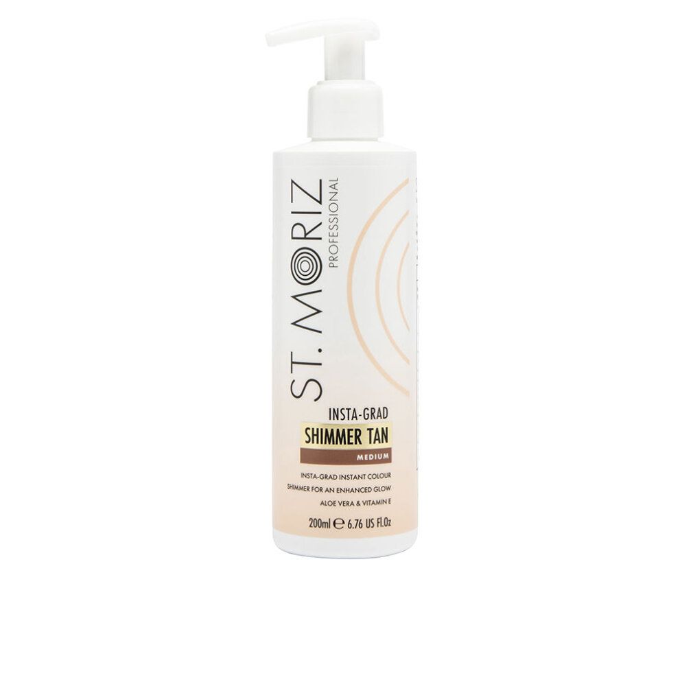 Flasche mit Dosierpumpe. Aufschrift: St. Moriz Professional Insta-Grad Shimmer Tan Medium. 200ml.