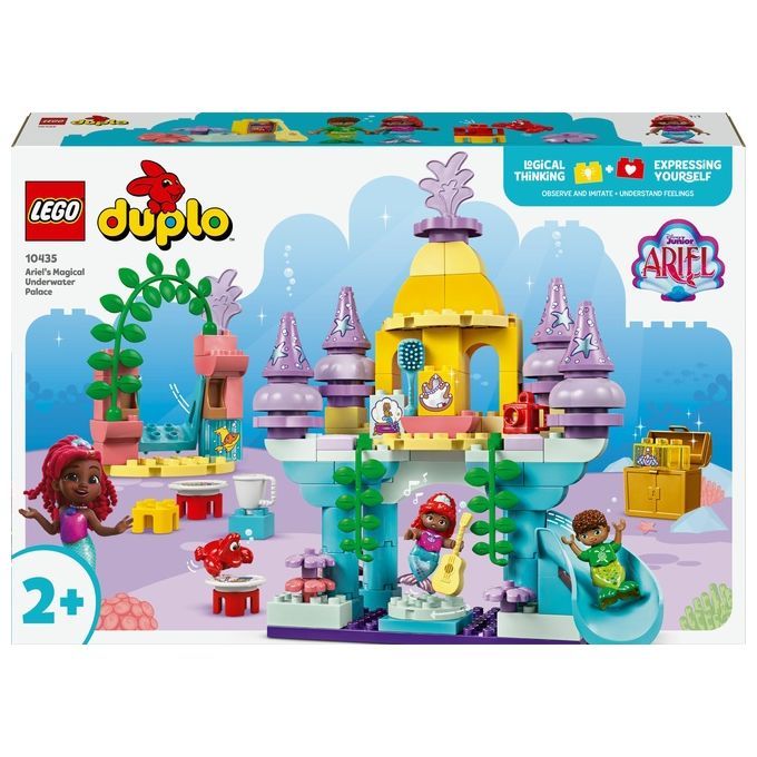 LEGO Duplo Set. Ariel's Magical Underwater Palace. Enthält Figuren, Rutsche, Burg, und Zubehör. Verpackung zeigt das Set.