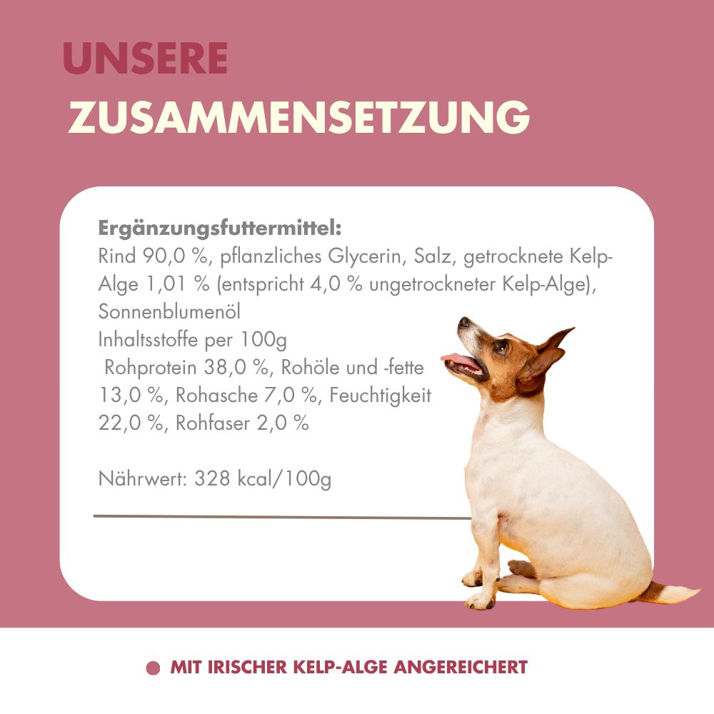 Zusammensetzung von Hundefutter mit Rind und Kelp-Alge.