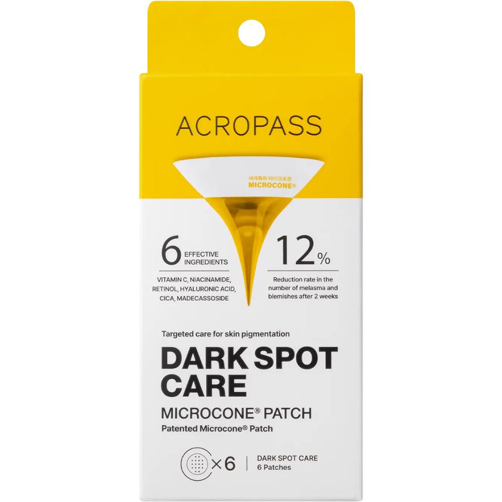 Verpackung von ACROPASS Dark Spot Care. Enthält 6 Pflaster. Gelb-weißes Design.