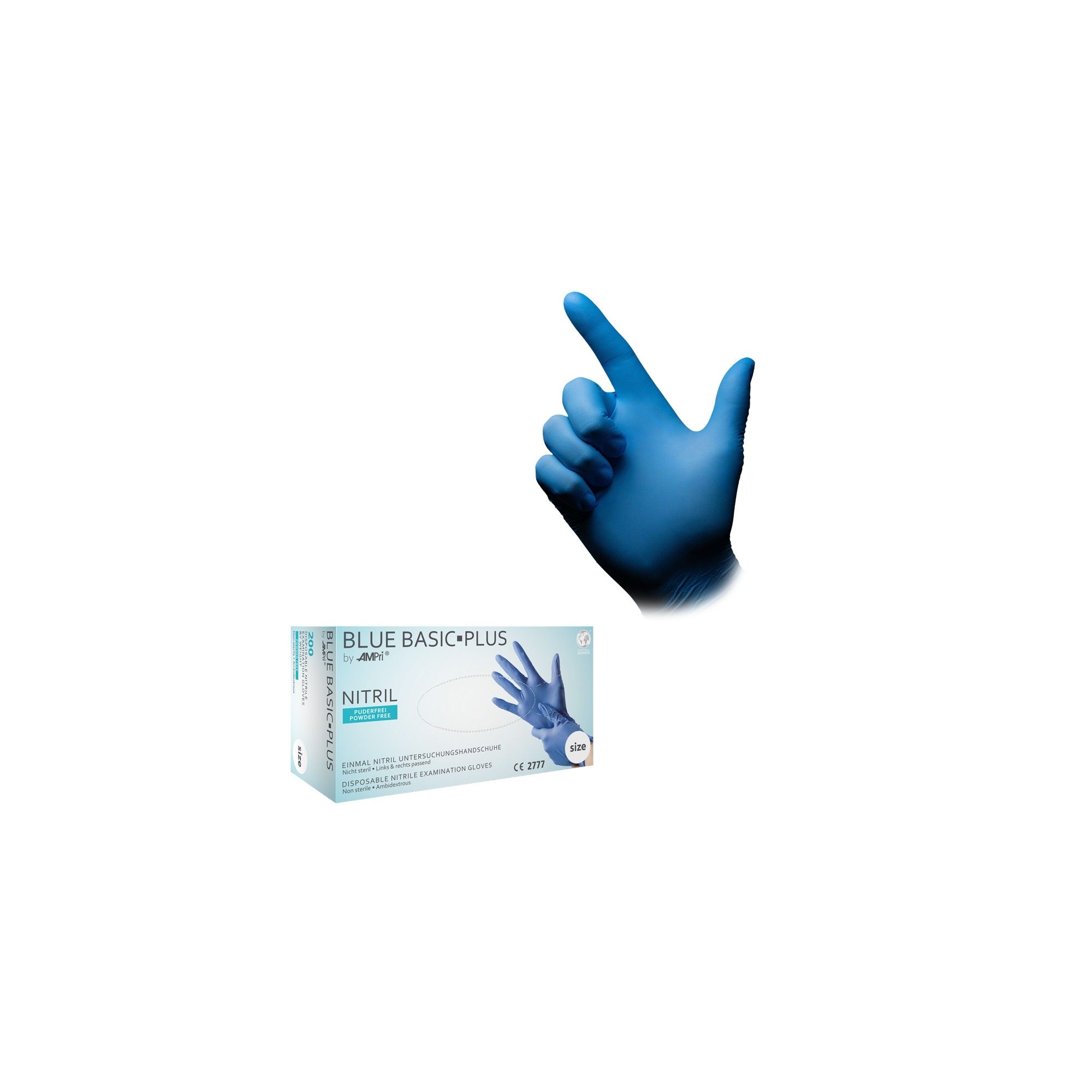 Blaue Nitril-Untersuchungshandschuhe, eine Hand hebt den Zeigefinger. Kartonverpackung daneben.