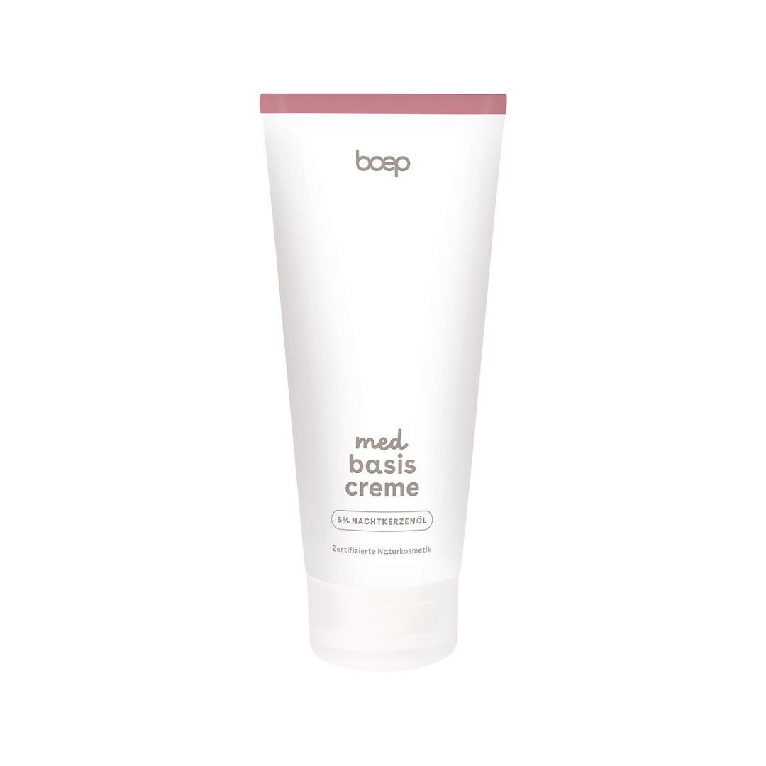 Creme-Tube mit rosa Deckel. Aufschrift: boep, med basis creme, 5% Nachtkerzenöl. Zertifizierte Naturkosmetik.