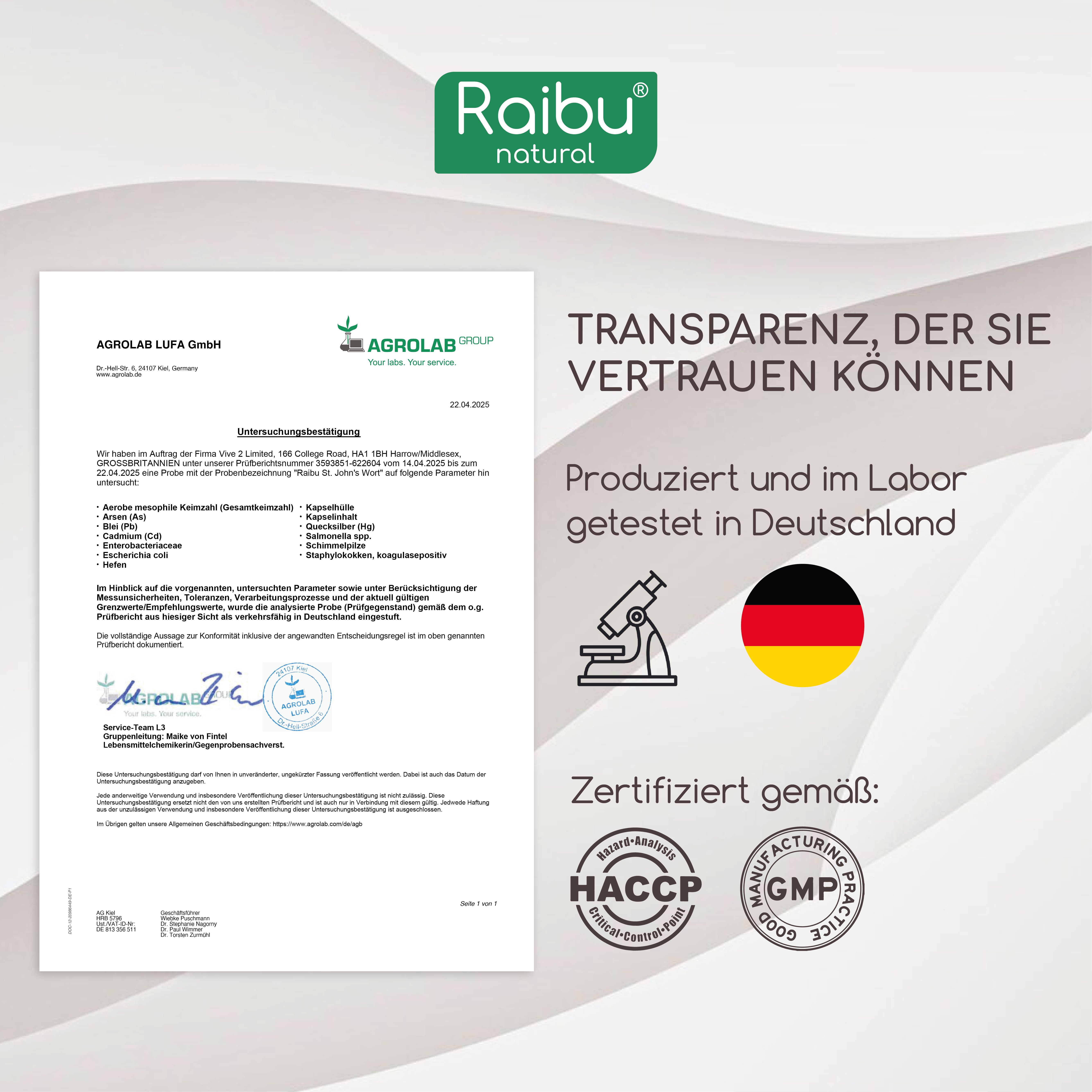 Zertifizierungsdokument. Text: Transparenz, der Sie vertrauen können. Produziert und im Labor getestet in Deutschland. Zertifiziert nach HACCP, GMP.