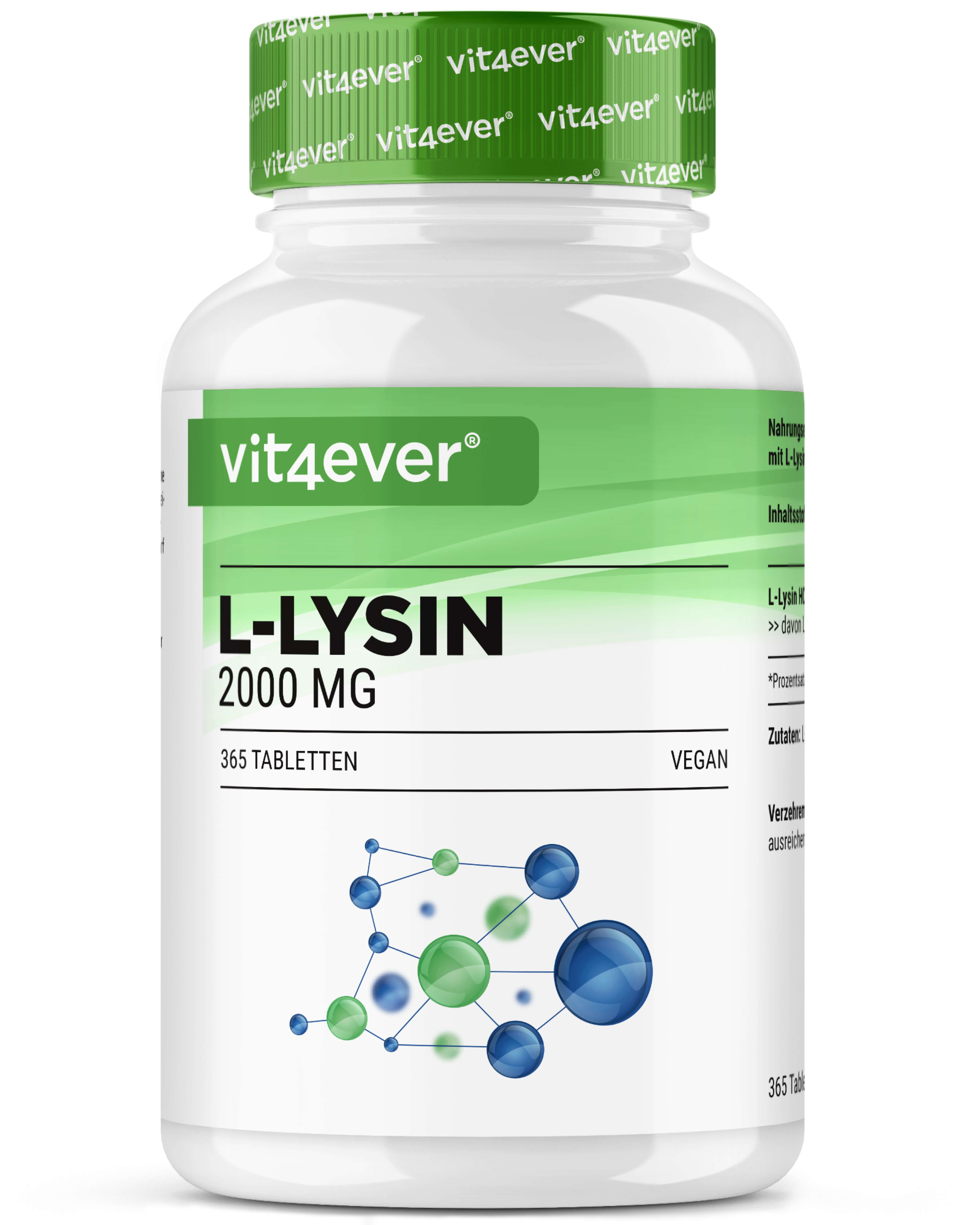 Weiße Flasche mit grünem Deckel und Etikett. Aufschrift: L-Lysin 2000 MG, 365 Tabletten, Vegan. Marke: vit4ever.