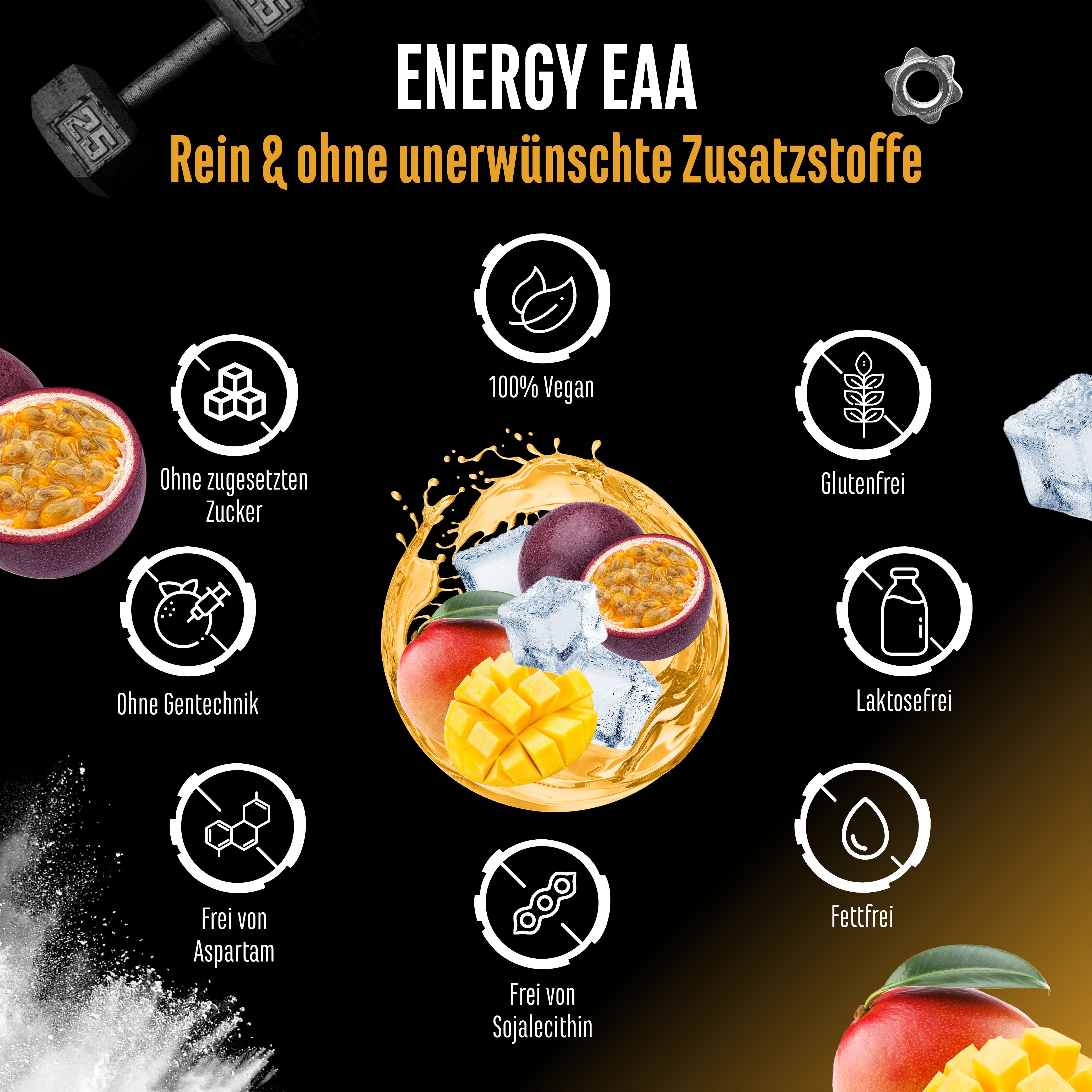 Werbebild für Energy EAA.  Enthält Informationen über Inhaltsstoffe, wie zuckerfrei, vegan, glutenfrei, laktosefrei, etc.