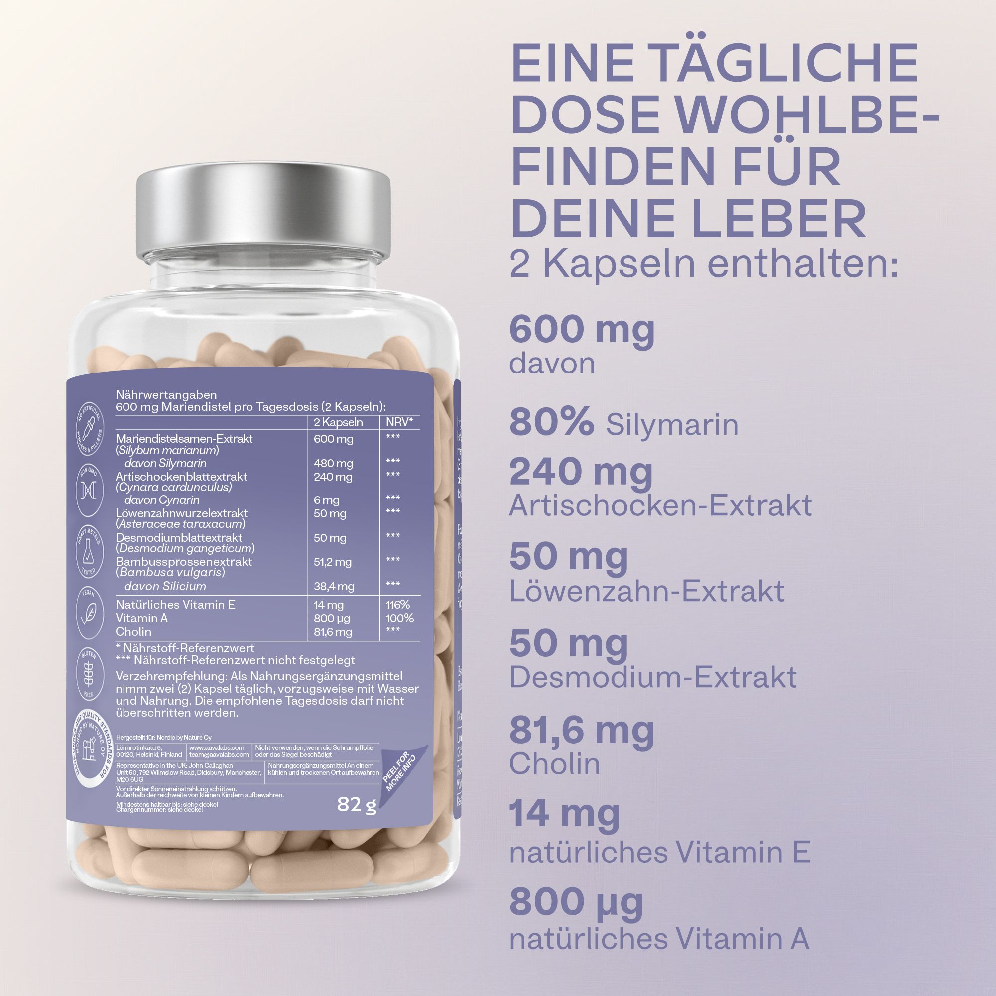 Rückseite der Kapsel-Glasflasche. Nährwertangaben. 82g. Vegan.