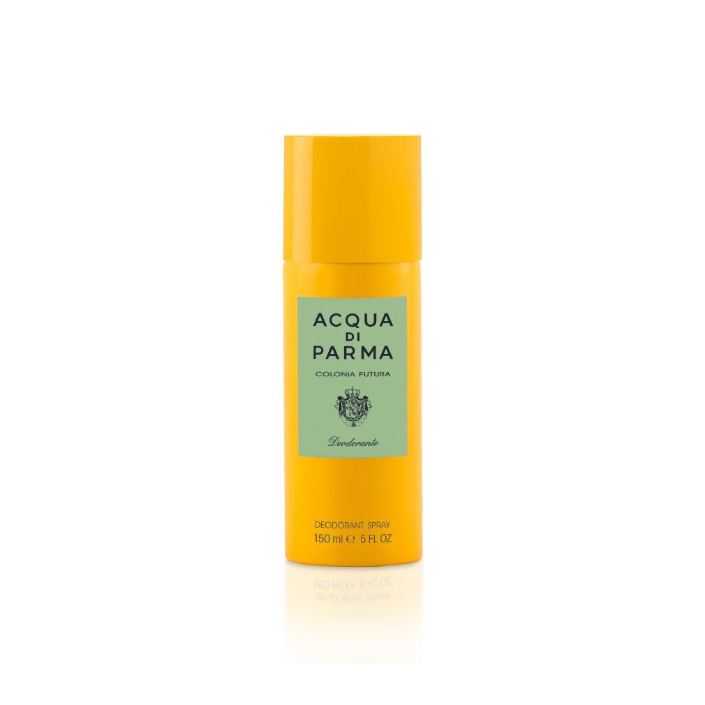 Gelbe Deo-Spray-Dose. Aufschrift: Acqua di Parma Colonia Futura. Text: Deodorante, 150 ml, 5 FL OZ.