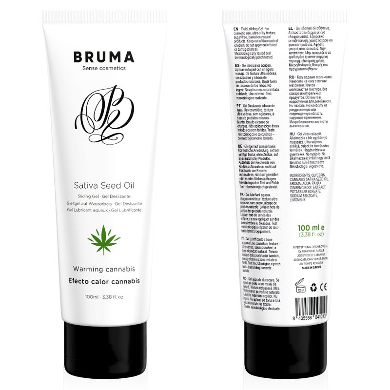 Weiße Tube mit schwarzem Deckel. Aufschrift: Bruma, Sativa Seed Oil, Warming cannabis. Cannabis-Blatt-Symbol. Text auf Englisch, Deutsch, Französisch, Italienisch.