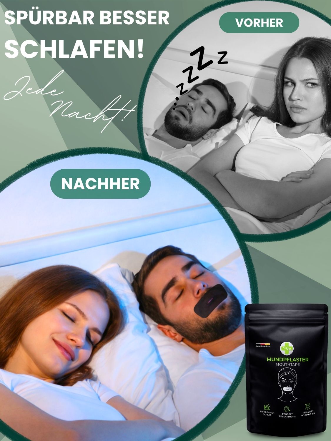 Vorher/Nachher: Mann und Frau schlafen friedlich mit Mundpflaster. Verpackung mit Produktname.