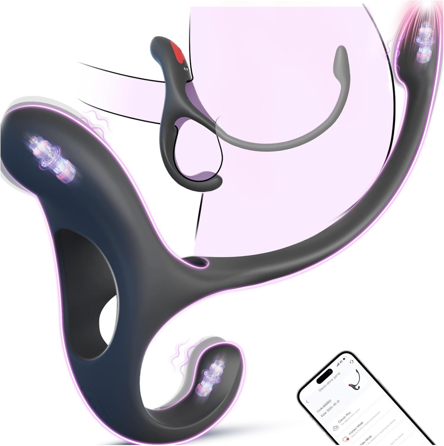 Schwarzes Gerät mit rotem Knopf. Smartphone mit App-Anzeige. Produkt für Prostata- und Hodenstimulation.