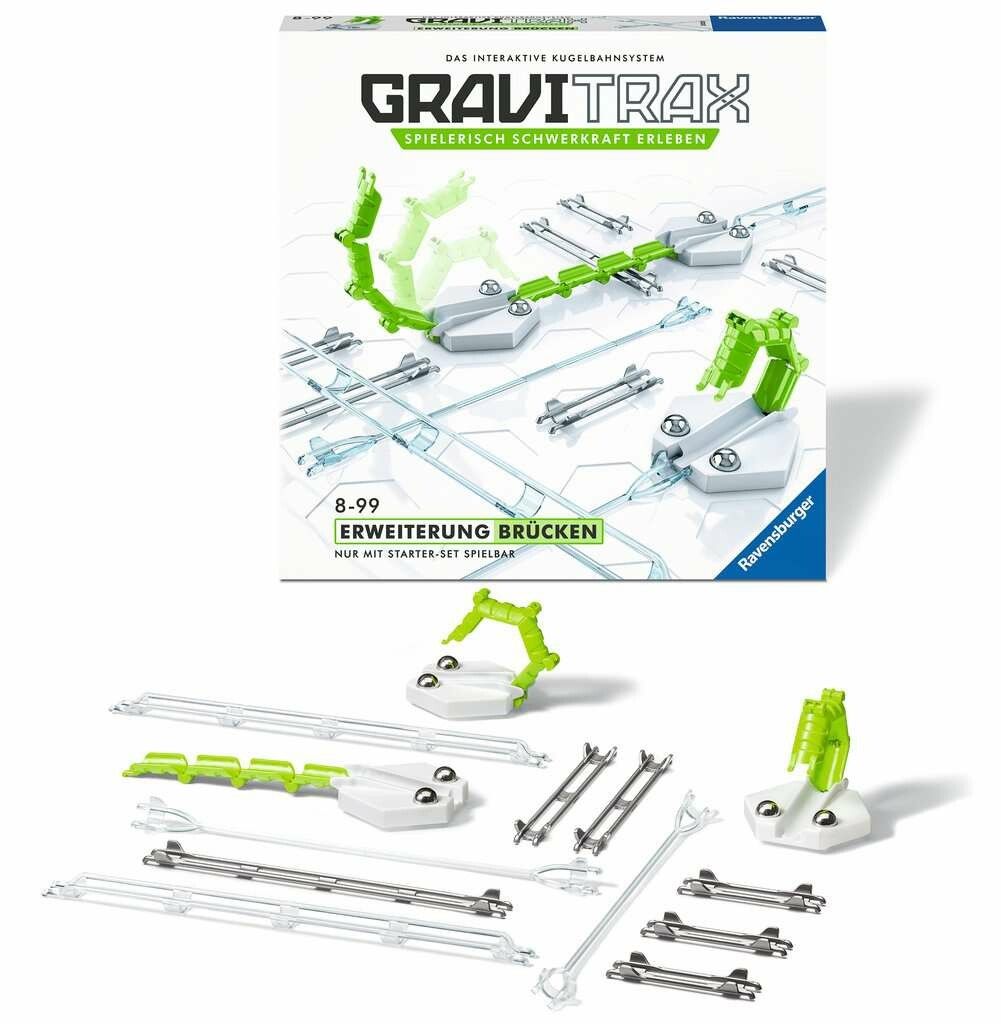 GraviTrax Erweiterung Brücken. Box mit Elementen: Schienen, Brücken, grüne Elemente. Ravensburger Logo.