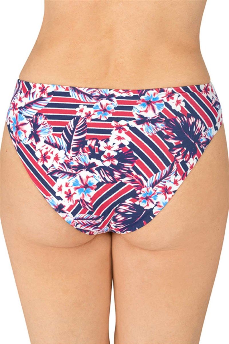 Bikinihose mit floralem Muster. Rückansicht. Hauptfarben: Weiß, Rot, Blau. Streifen- und Blumenmuster.