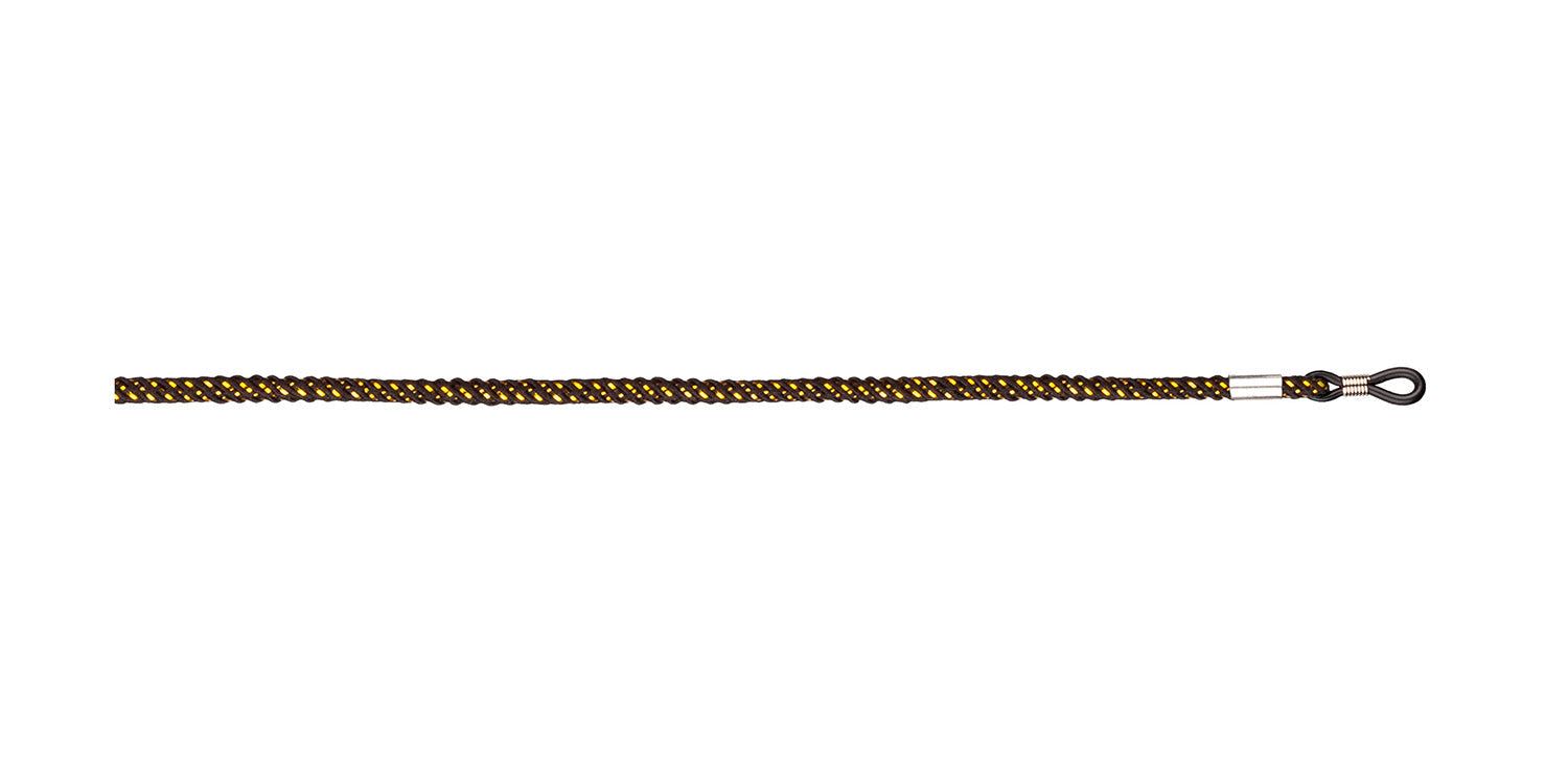 Brillenband, geflochten, schwarz-goldfarben. Mit Schlaufen zur Befestigung an Brillenbügeln. Metall-Details.
