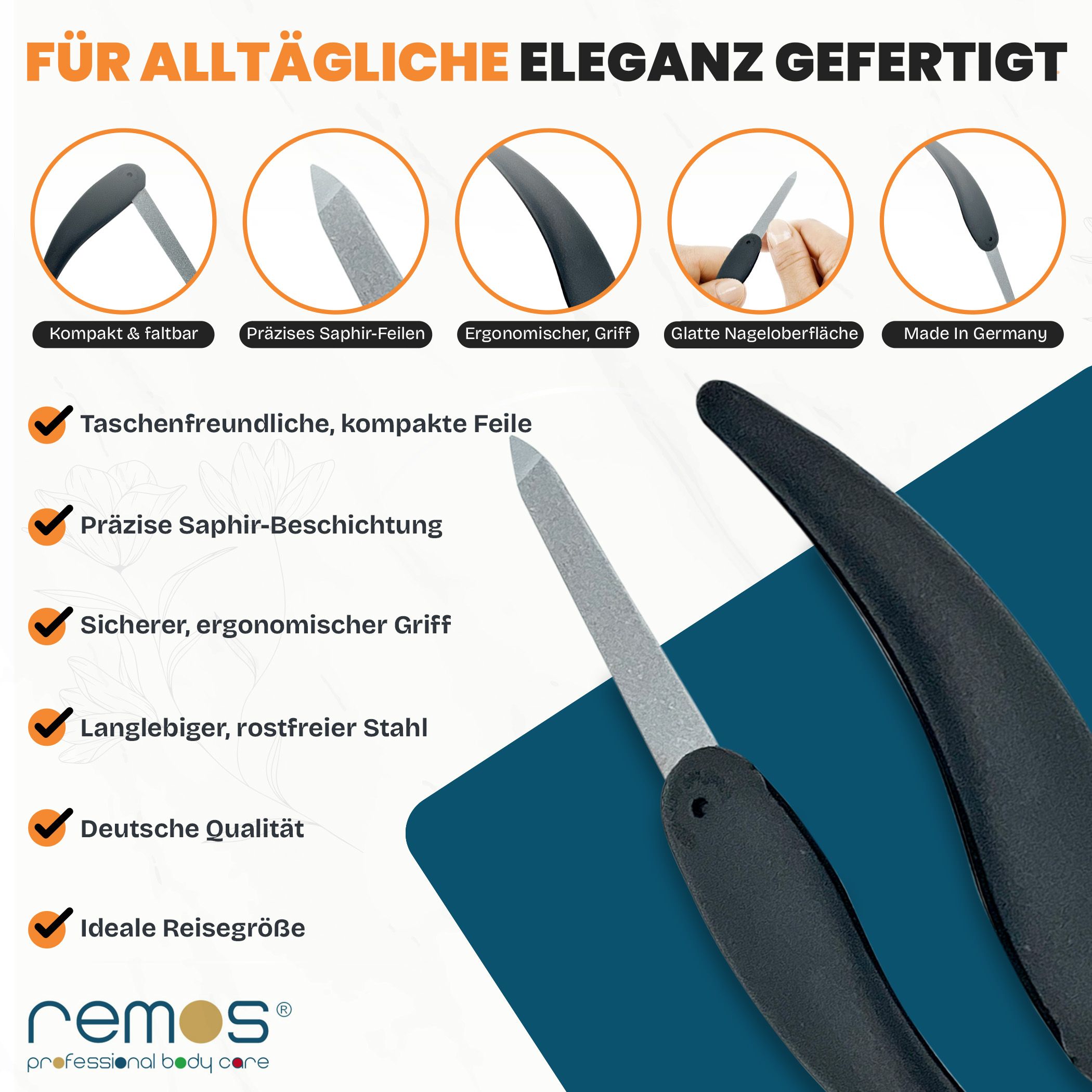 Klappbare Nagelfeile aus rostfreiem Stahl mit Saphir-Beschichtung. Made in Germany.